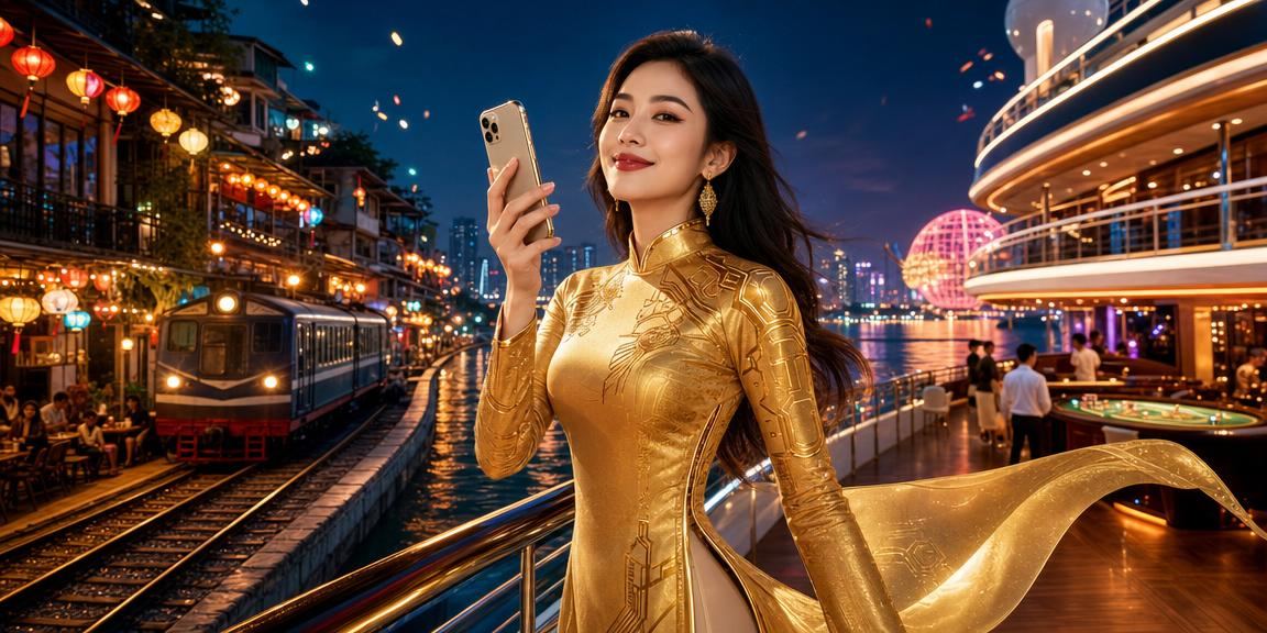 Người dùng Hà Nội đang xem điều khoản dịch vụ casino trên điện thoại với trang phục áo dài truyền thống