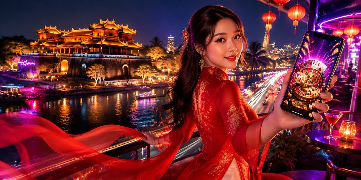 Người dùng tại Huế mặc áo dài truyền thống, xem trang tiền thưởng 690 trên điện thoại di động
